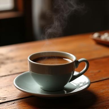 Чашка фирменного кофе Yuyake Blend на деревянном столе